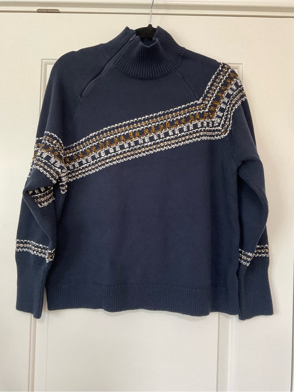 CAbi Navy Knit Mock Neck Sweater with Fair Isle Accent